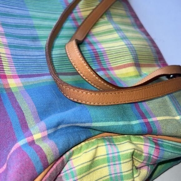 Lauren Ralph Lauren Plaid Multicolor Tote Bag w/ Tan Leather Straps - Picture 10 of 16